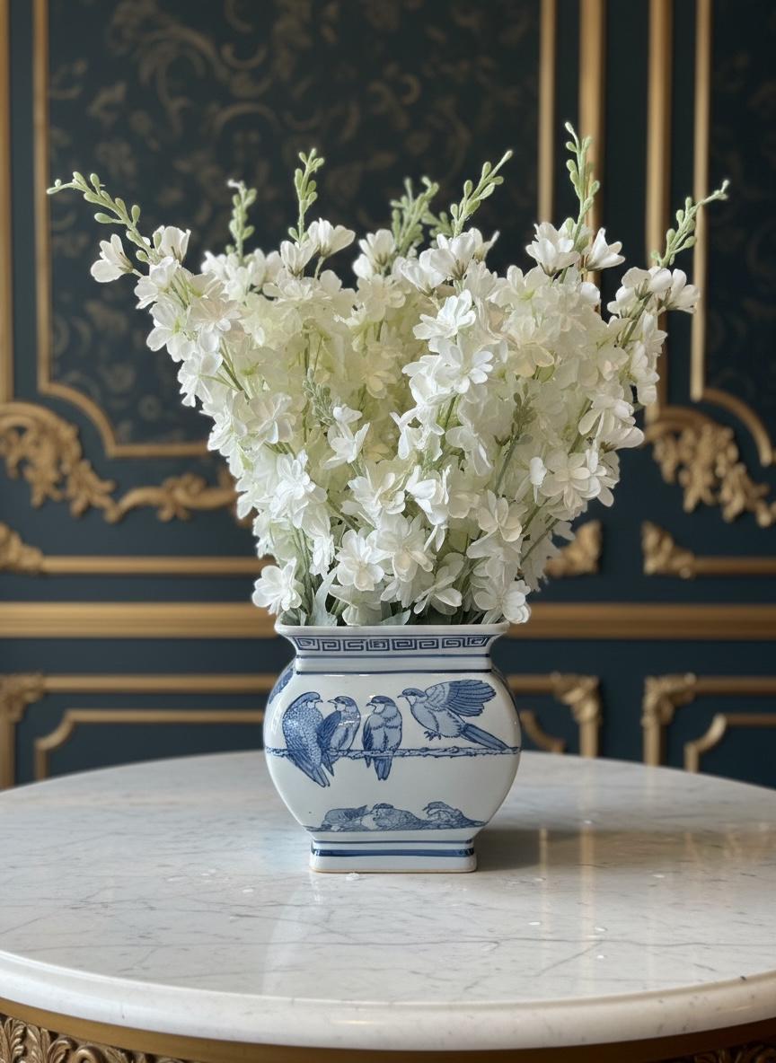 White Snapdragons Arrangement in Blue & White Chinoiserie Planter