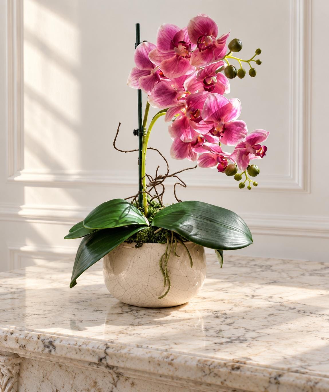 Real Touch Orchid in Aged White Planter