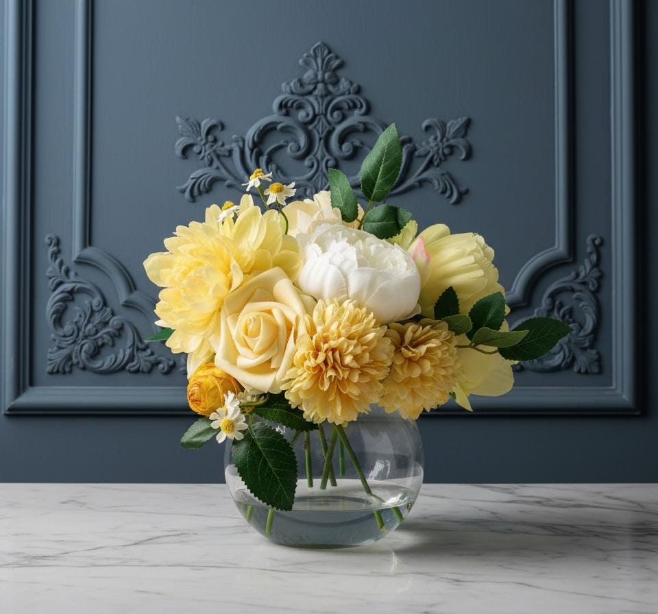 Yellow Peony Arrangement in Round Glass Vase