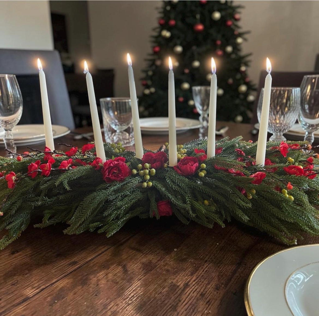 Holiday Floral Centerpiece with Brass Candle Holders