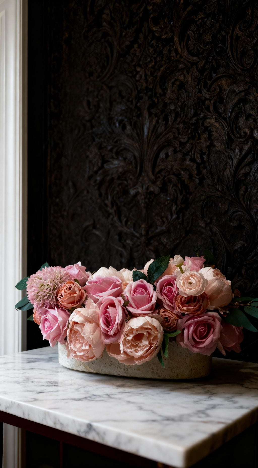 Pink Rose & Peony Arrangement in Stone Planter