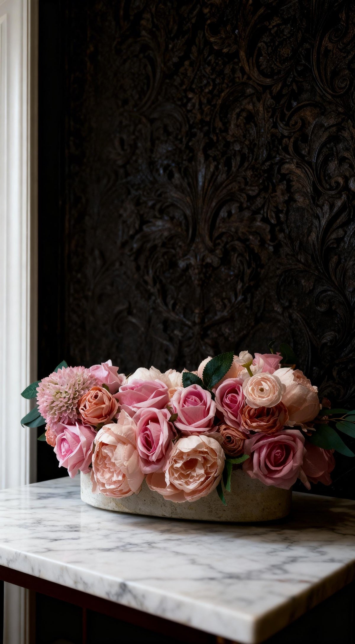 Pink Rose & Peony Arrangement in Stone Planter