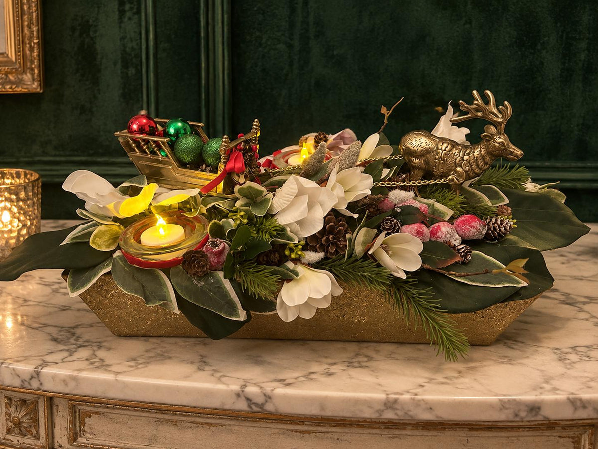 Vintage Brass Reindeer Floral Holiday Centerpiece
