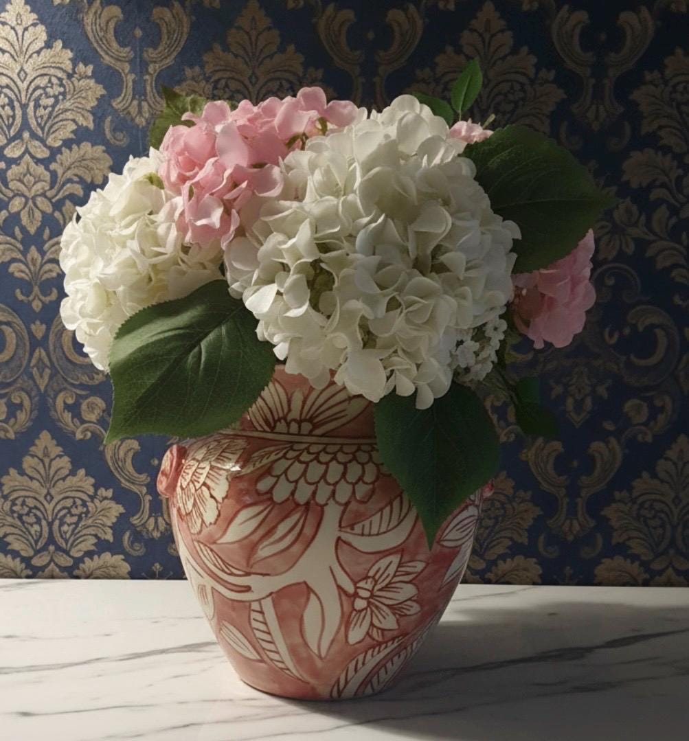 Pink and White Hydrangea in Ceramic Planter