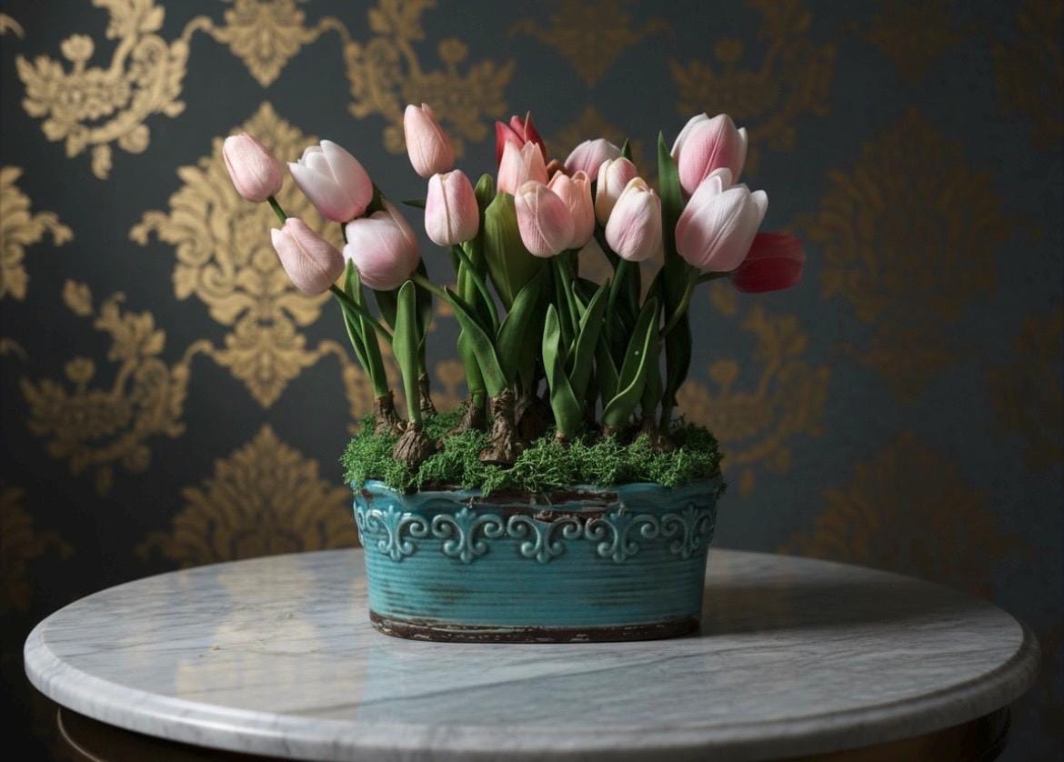 Real Touch Faux Tulip Bulbs in Vintage Style Planter