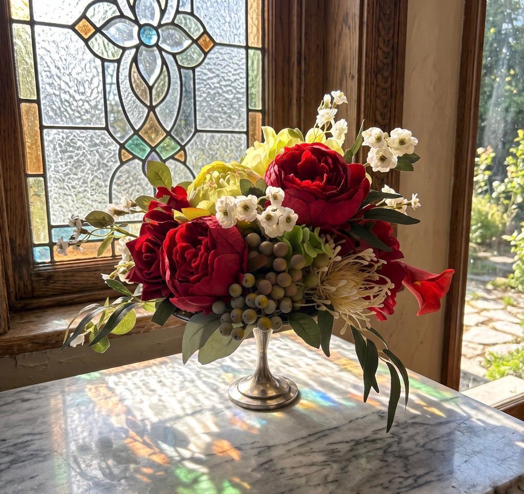 Burgundy Faux Floral Arrangement in Silver Pedestal Centerpiece