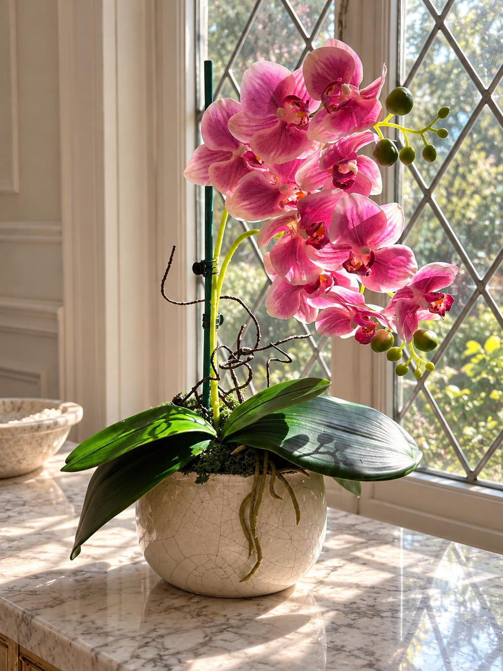 Real Touch Orchid in Aged White Planter