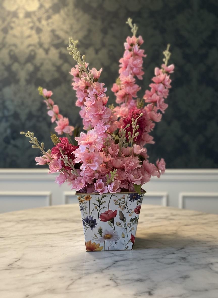 Pink Snapdragon & Delphinium in White Cachepot