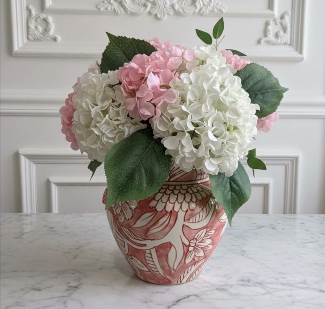 Pink and White Hydrangea in Ceramic Planter