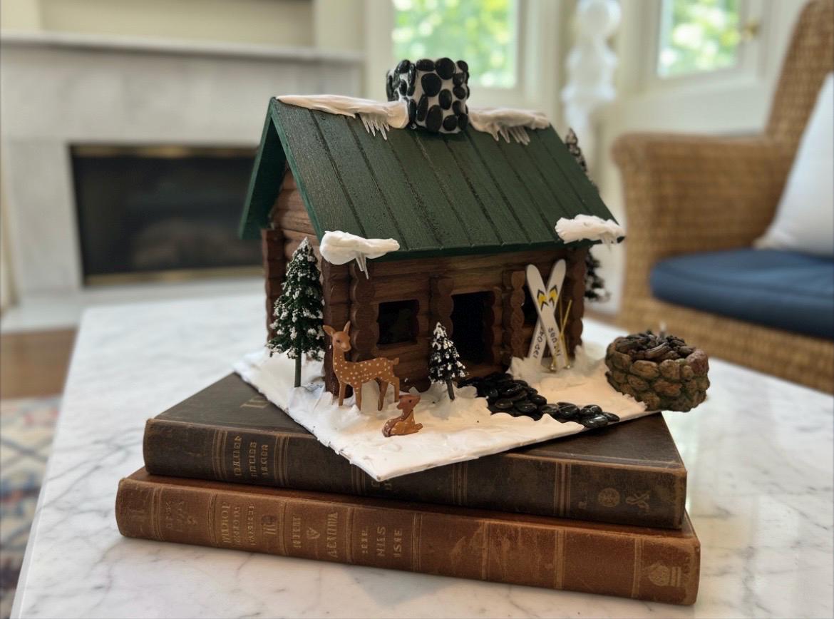 Handmade Log Cabin Birdhouse with Light, Skis & Snow