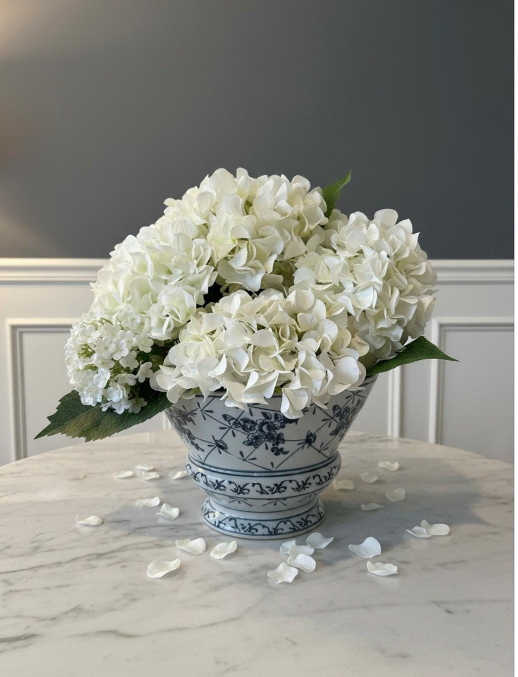 White Hydrangea Arrangement in Blue & White Ceramic Planter