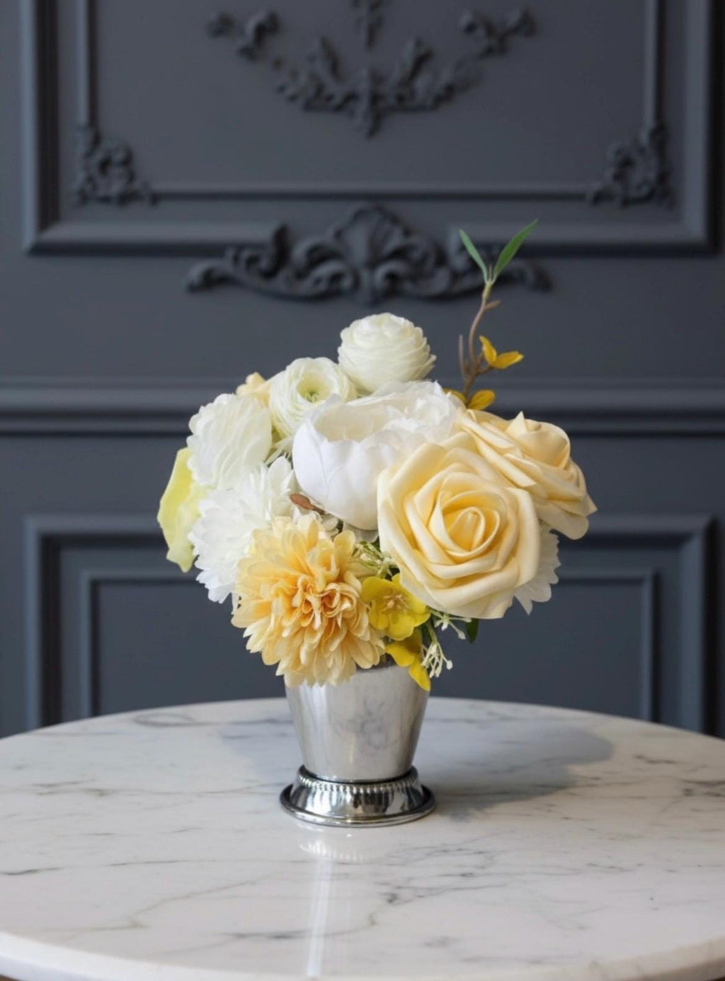 Yellow Peony & Chrysanthemum Arrangement in Silver Vase