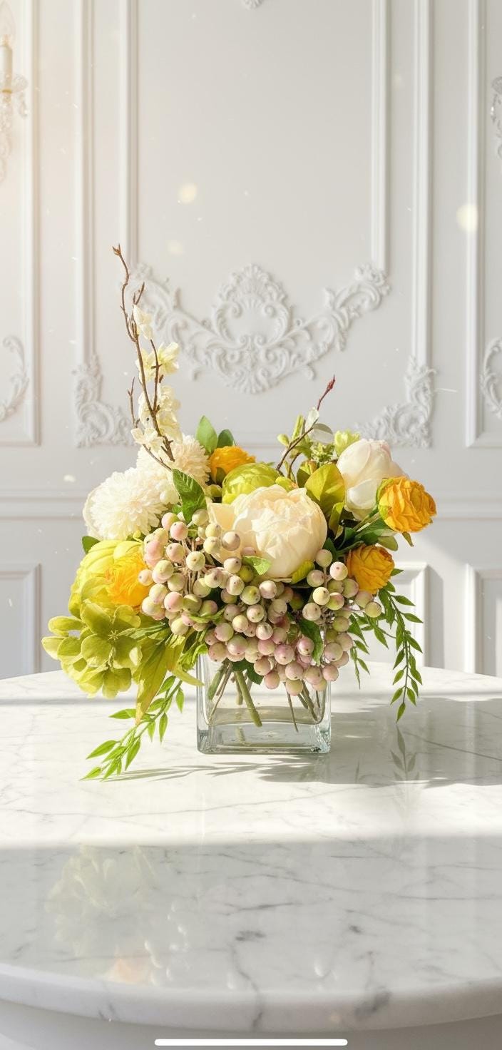 Yellow Peonies & Berries in Glass Vase