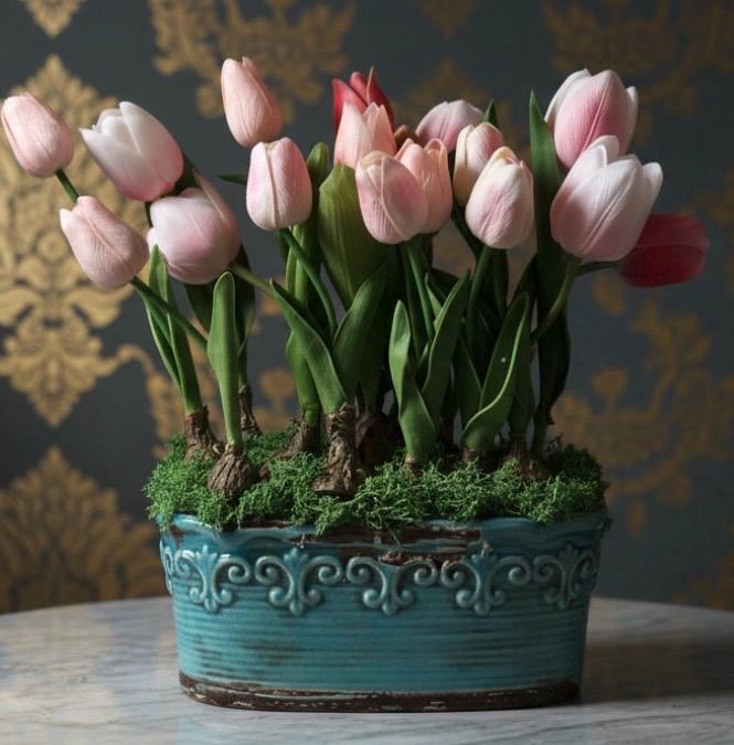 Real Touch Faux Tulip Bulbs in Vintage Style Planter