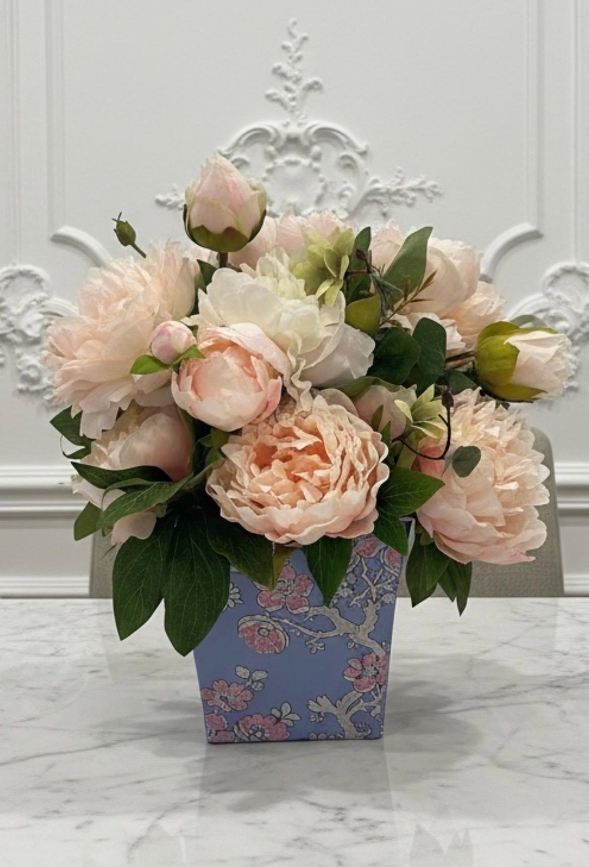 Pink Peonies Floral Arrangement in Blue Cherry Blossom Cachepot