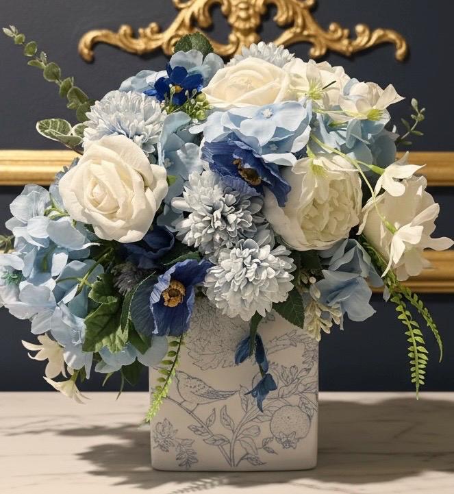 Blue Botanicals in Ceramic Bird Vase
