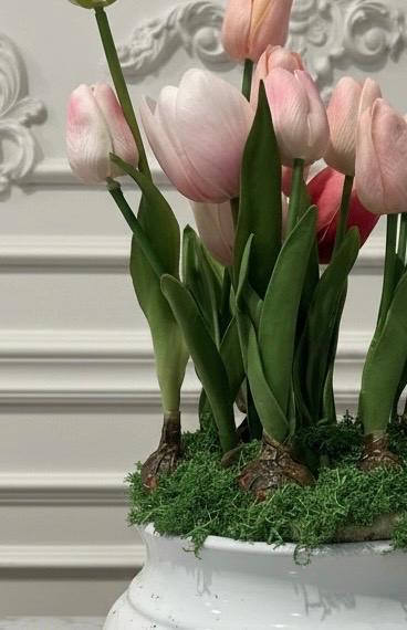 Artificial Pink Tulip Bulb Arrangement in White Ceramic Planter