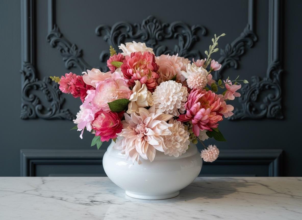 Artificial Pink Peony Floral Arrangement in White Ceramic Planter