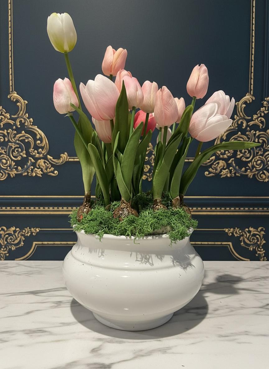 Artificial Pink Tulip Bulb Arrangement in White Ceramic Planter