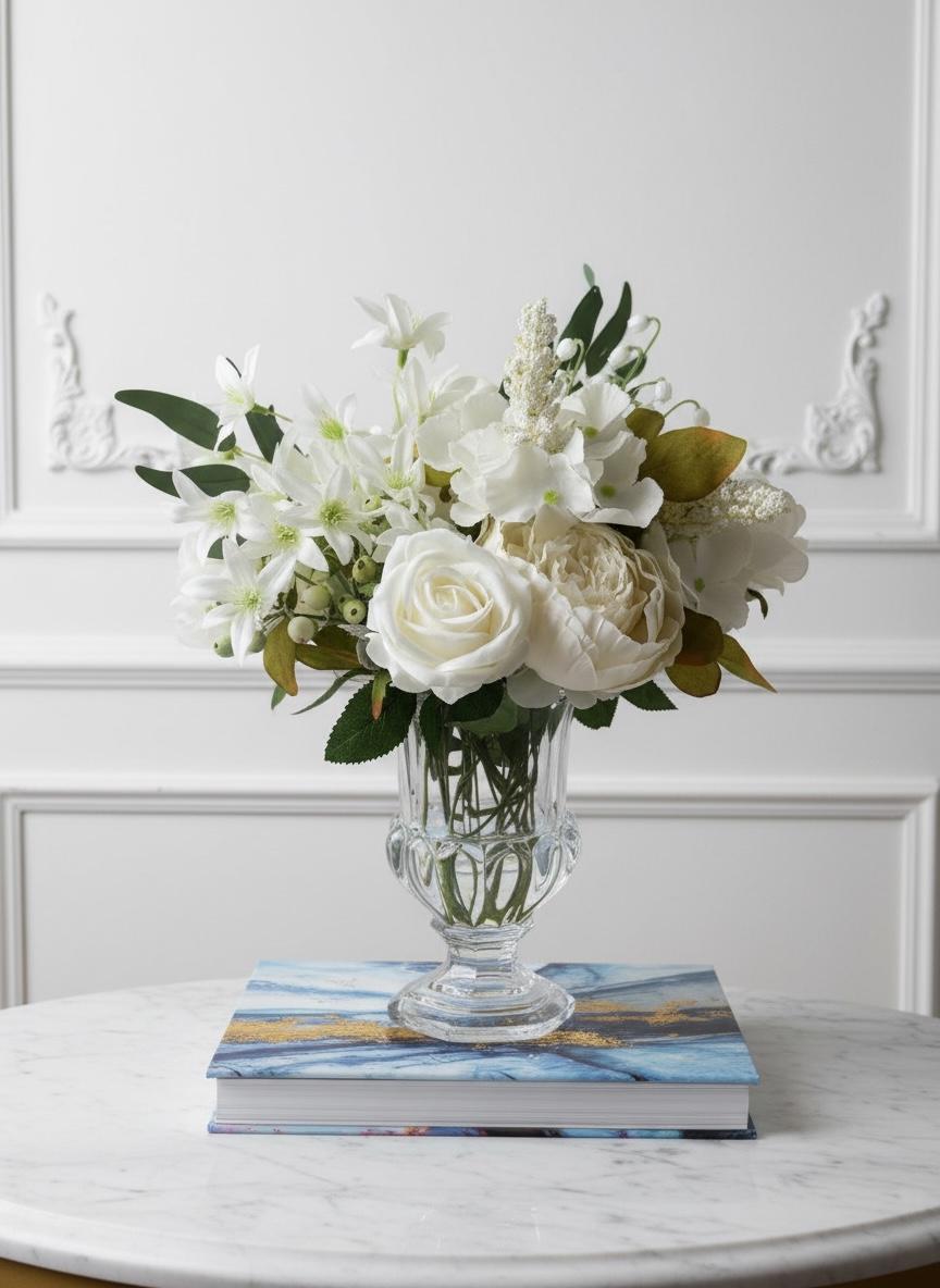 Faux White Peonies, Roses & Lilies in Glass Pedestal Vase
