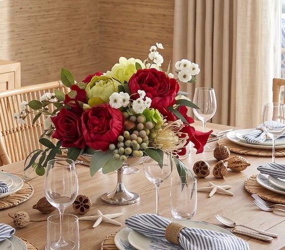 Burgundy Faux Floral Arrangement in Silver Pedestal Centerpiece