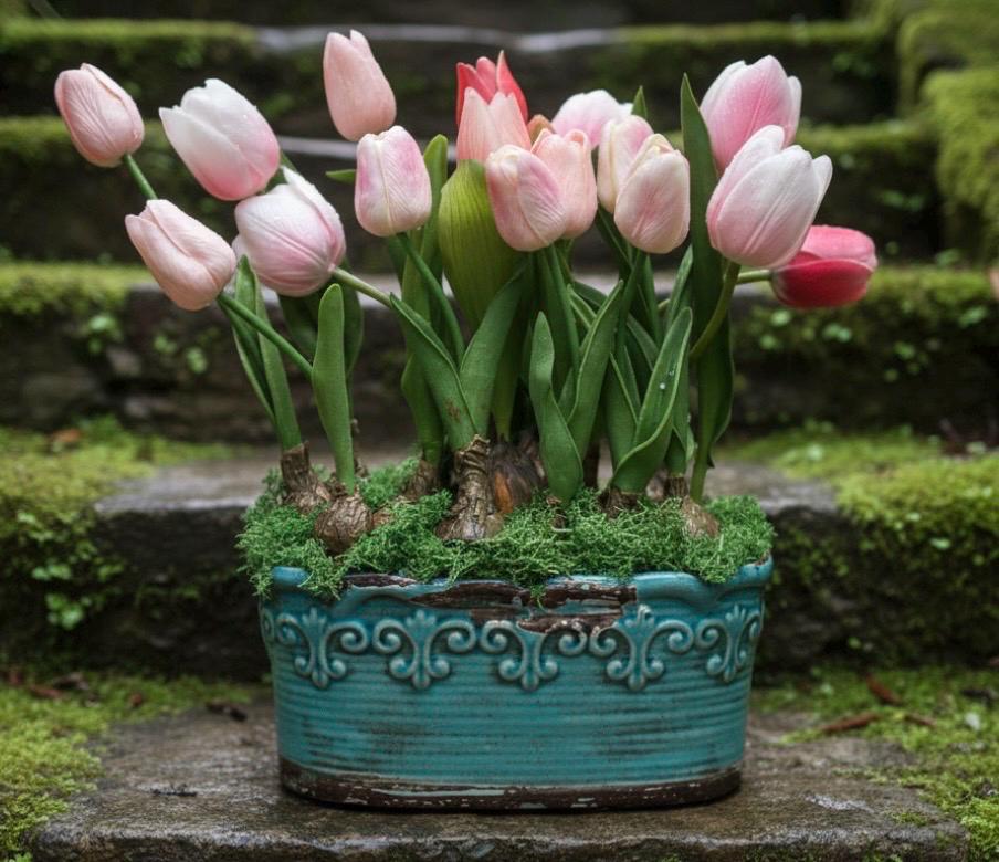Real Touch Faux Tulip Bulbs in Vintage Style Planter
