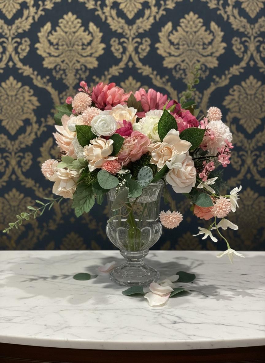 Pink Peonies and Roses in Glass Pedestal Vase