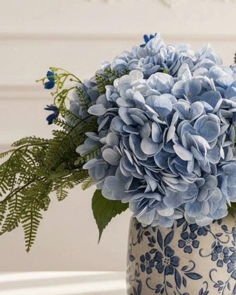 Blue Hydrangeas in Crackle Glaze Vase