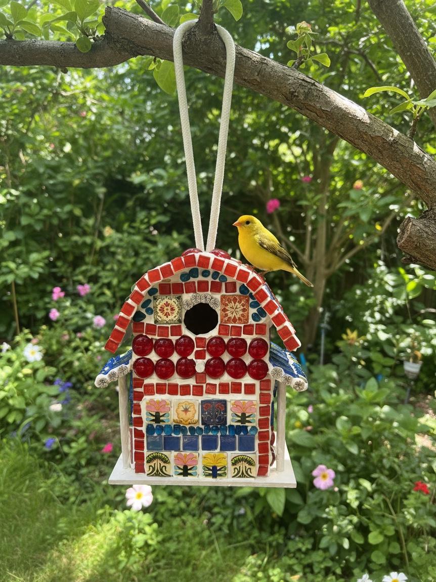 Handmade Red Mosaic Bard Birdhouse
