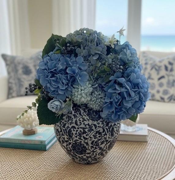 Blue Hydrangea Arrangement in Hand-Painted Ceramic Planter