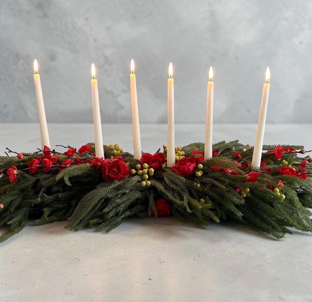 Holiday Floral Centerpiece with Brass Candle Holders