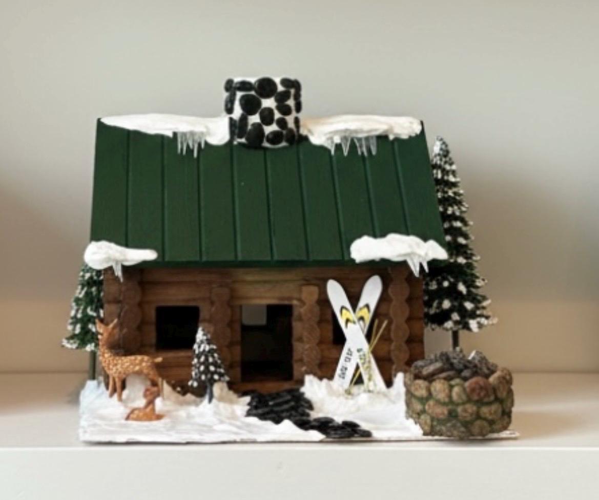 Handmade Log Cabin Birdhouse with Light, Skis & Snow