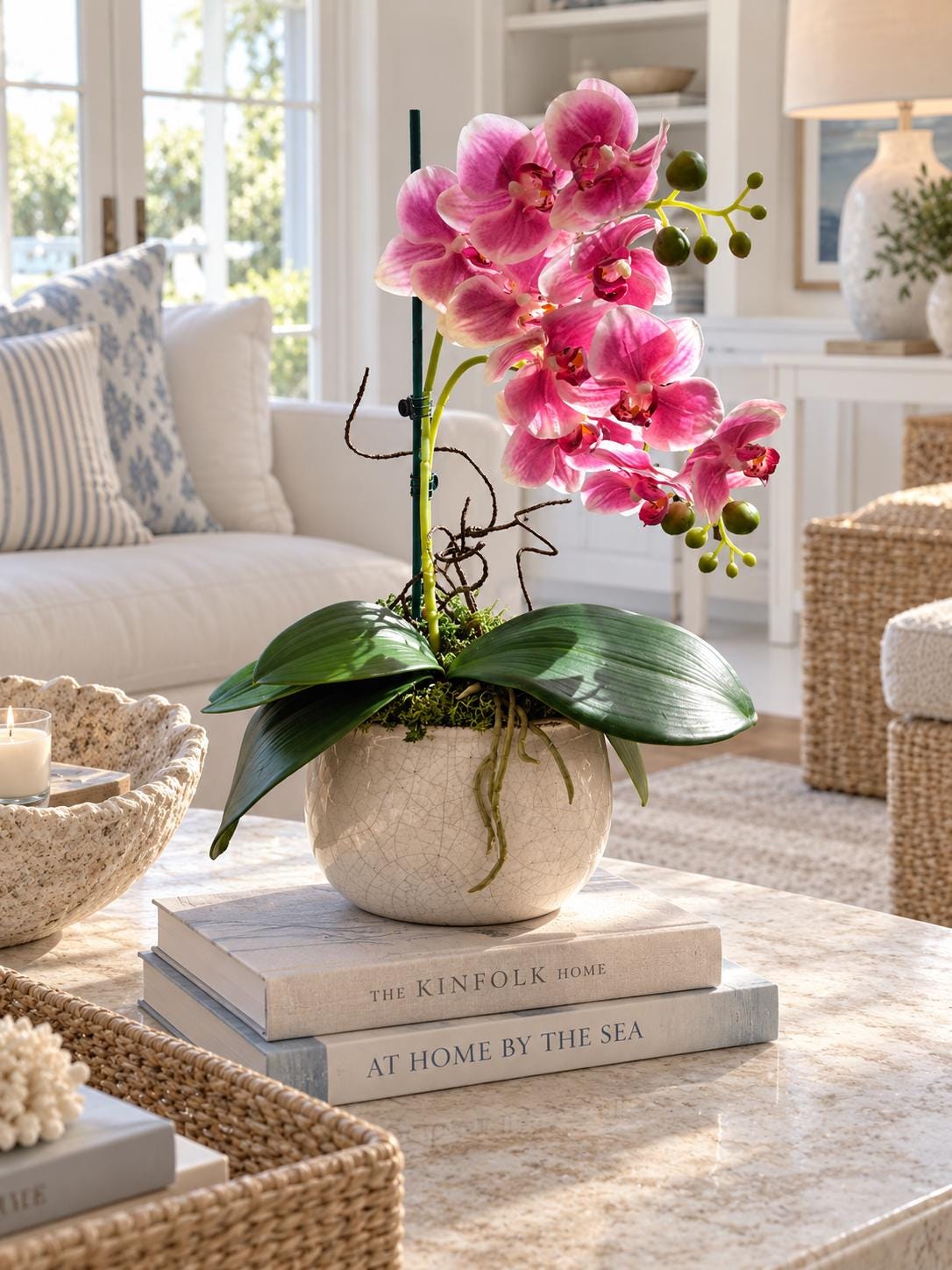 Real Touch Orchid in Aged White Planter