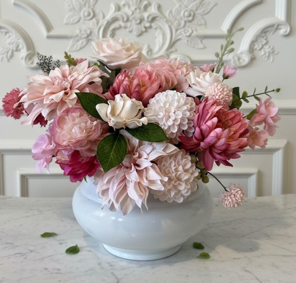 Artificial Pink Peony Floral Arrangement in White Ceramic Planter