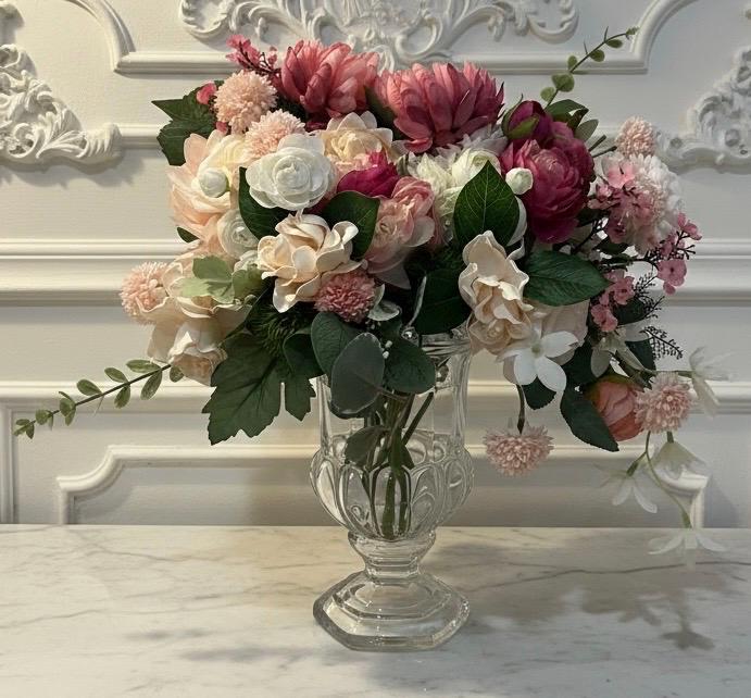 Pink Peonies and Roses in Glass Pedestal Vase
