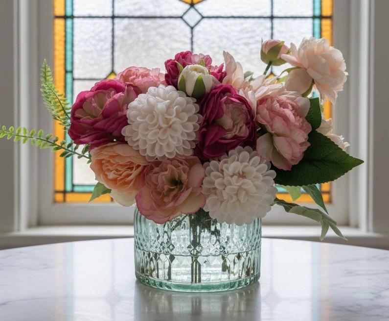 Two-Tone Pink Peony Floral Arrangement in Crystal Glass Bowl