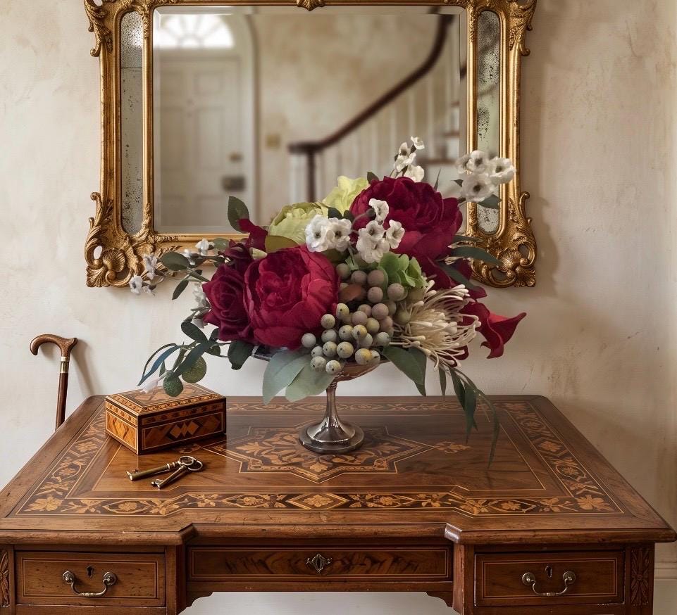 Burgundy Faux Floral Arrangement in Silver Pedestal Centerpiece