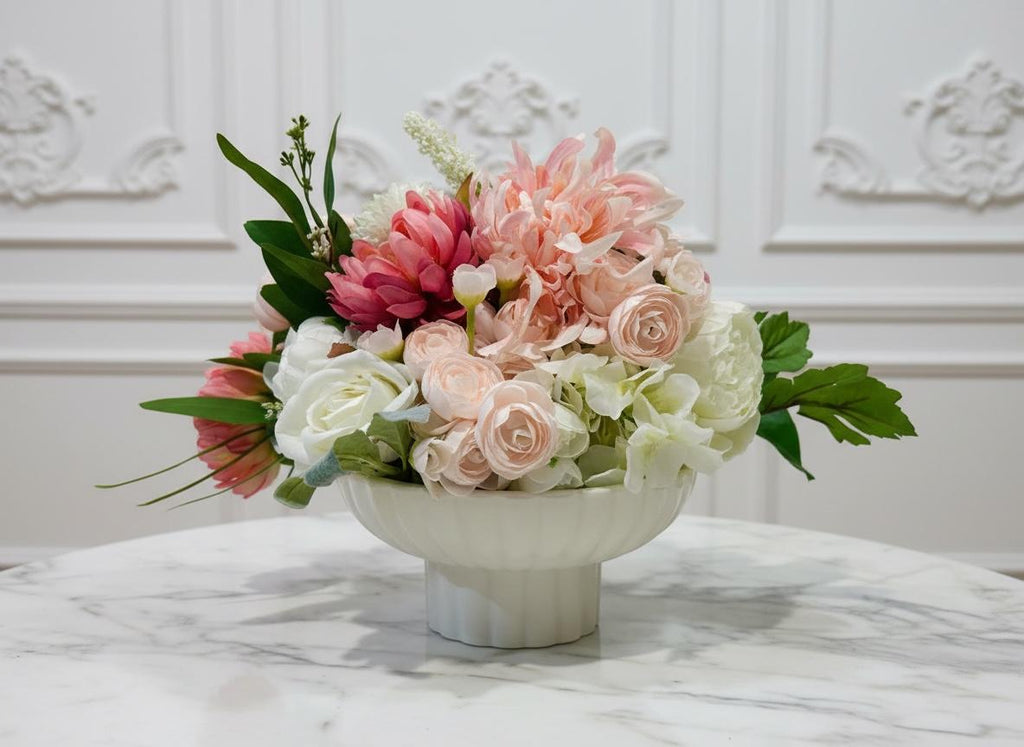 Pink & White Floral Arrangement in Pedestal Bowl