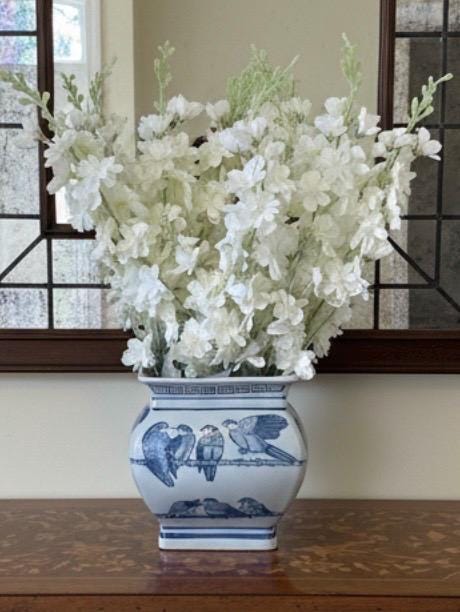 White Snapdragons Arrangement in Blue & White Chinoiserie Planter