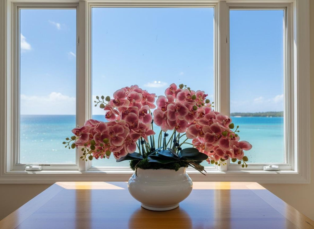 Real Touch Pink Orchid Arrangement in White Planter