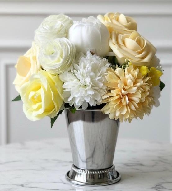 Yellow Peony & Chrysanthemum Arrangement in Silver Vase