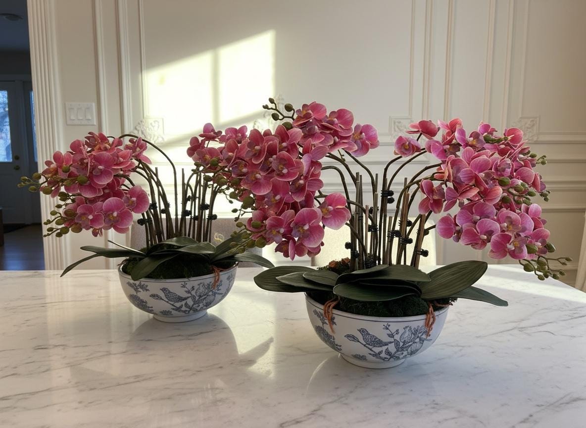 Real Touch Pink Orchid Arrangement in Bird Bowl