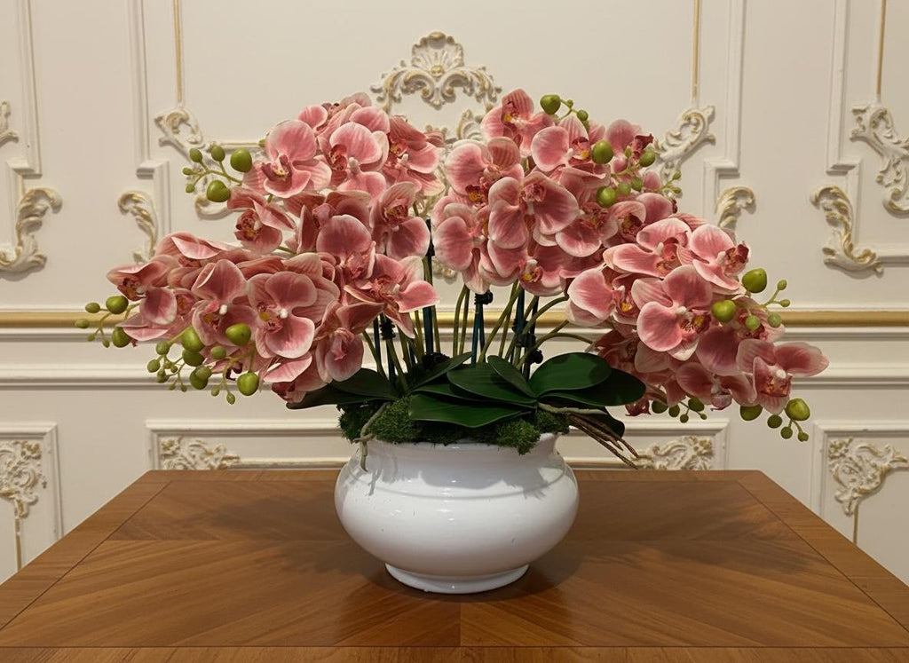 Real Touch Pink Orchid Arrangement in White Planter