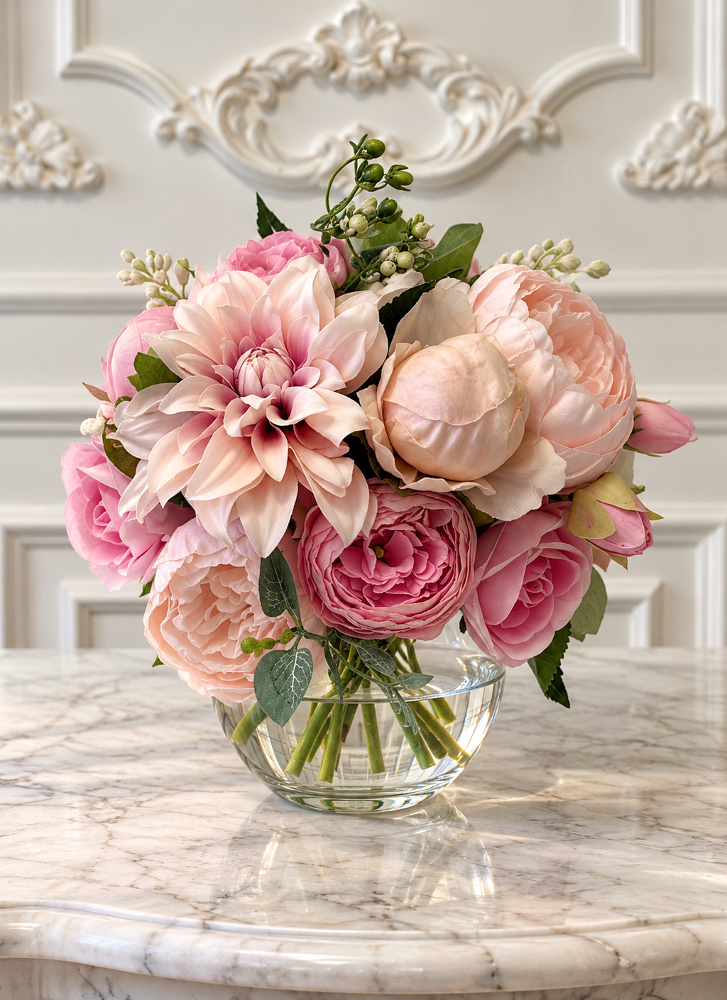 Pink Rose & Peony Arrangement in Glass Vase