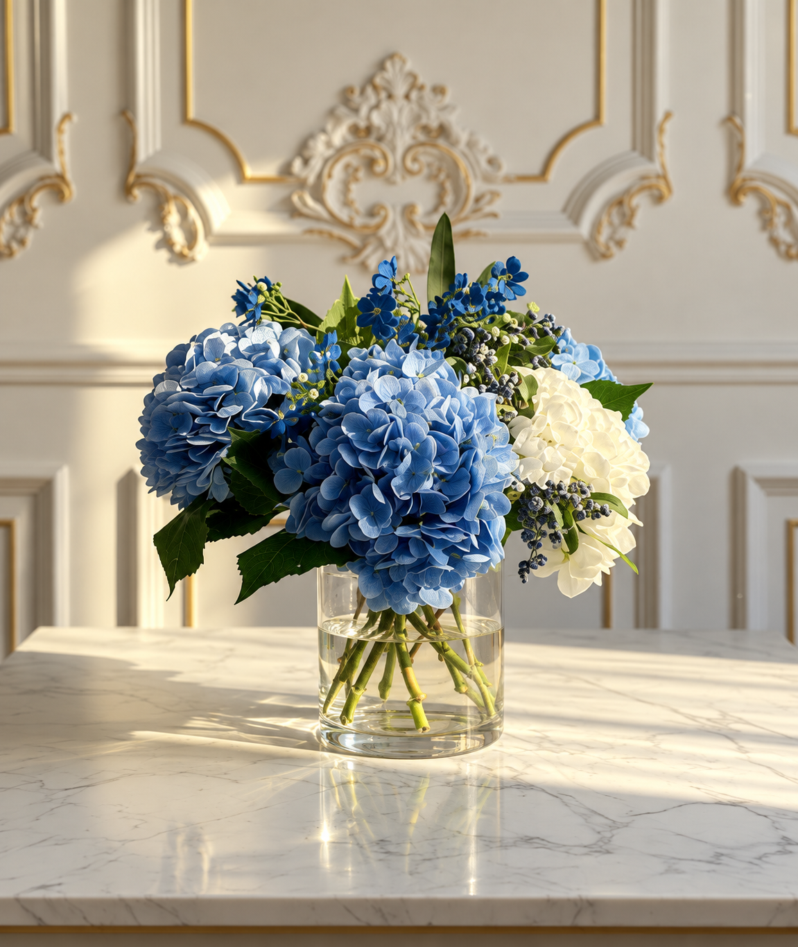 Blue & White Hydrangeas in Large Glass Vase