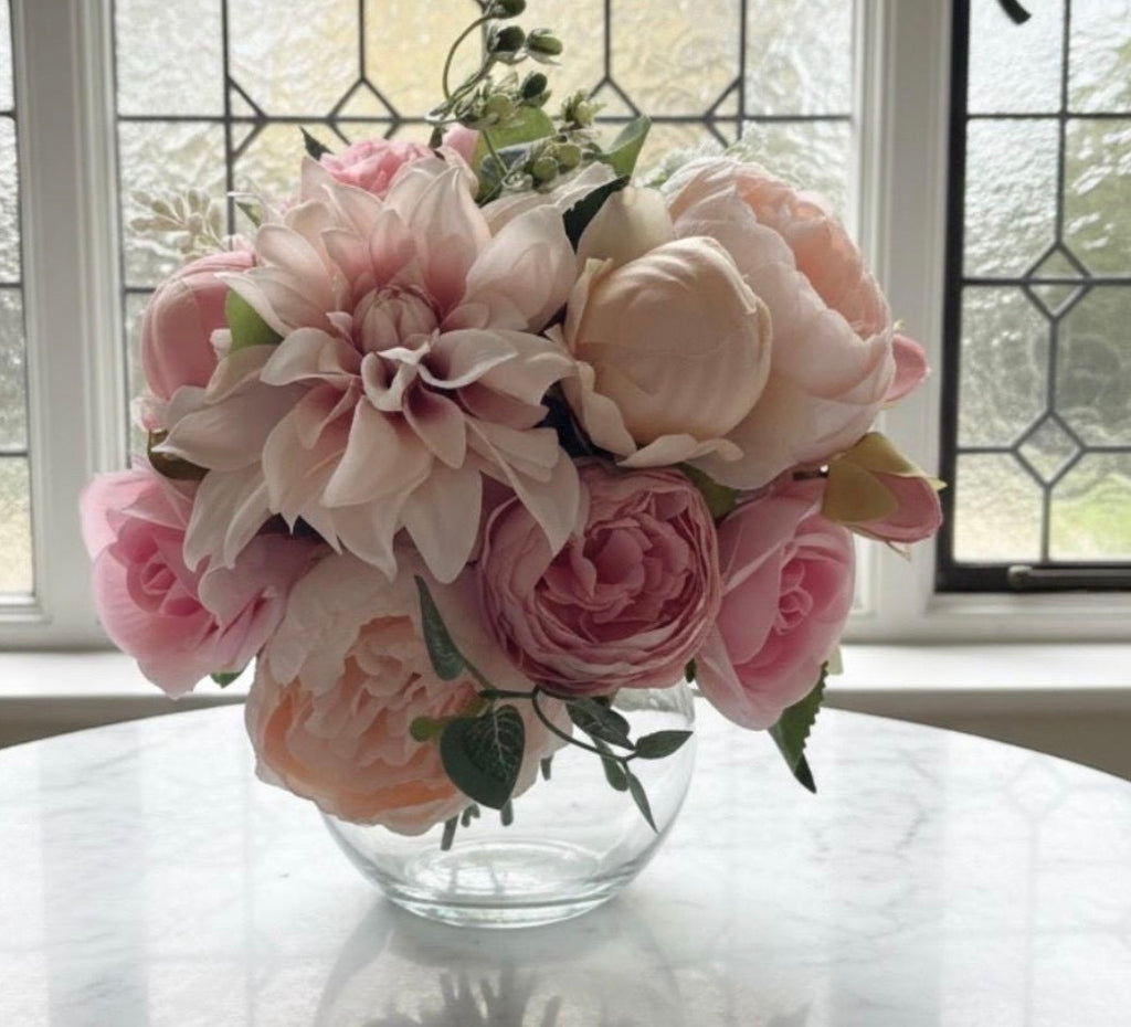 Pink Rose & Peony Arrangement in Glass Vase