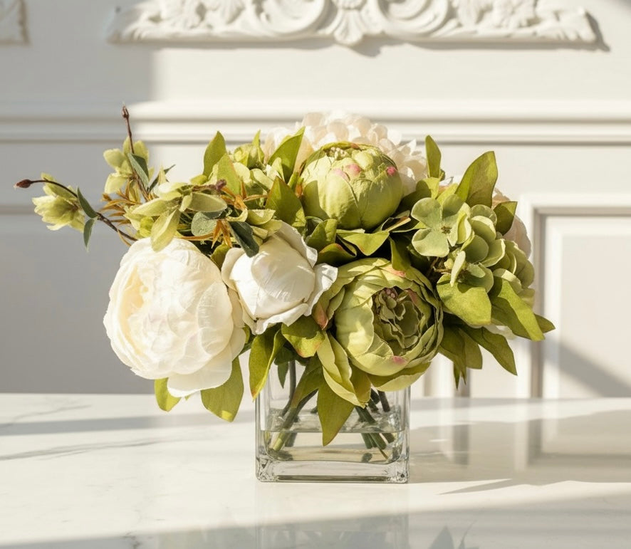Green & White Peony Arrangement in Glass Vase