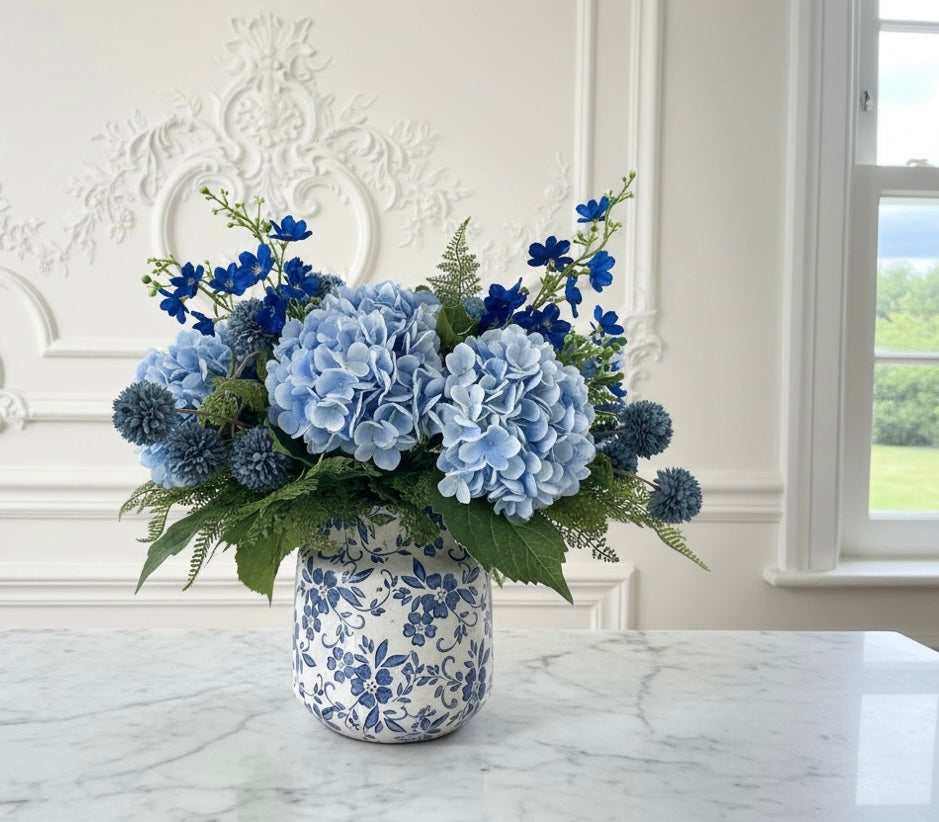 Faux Blue Hydrangeas in Terracotta Vase