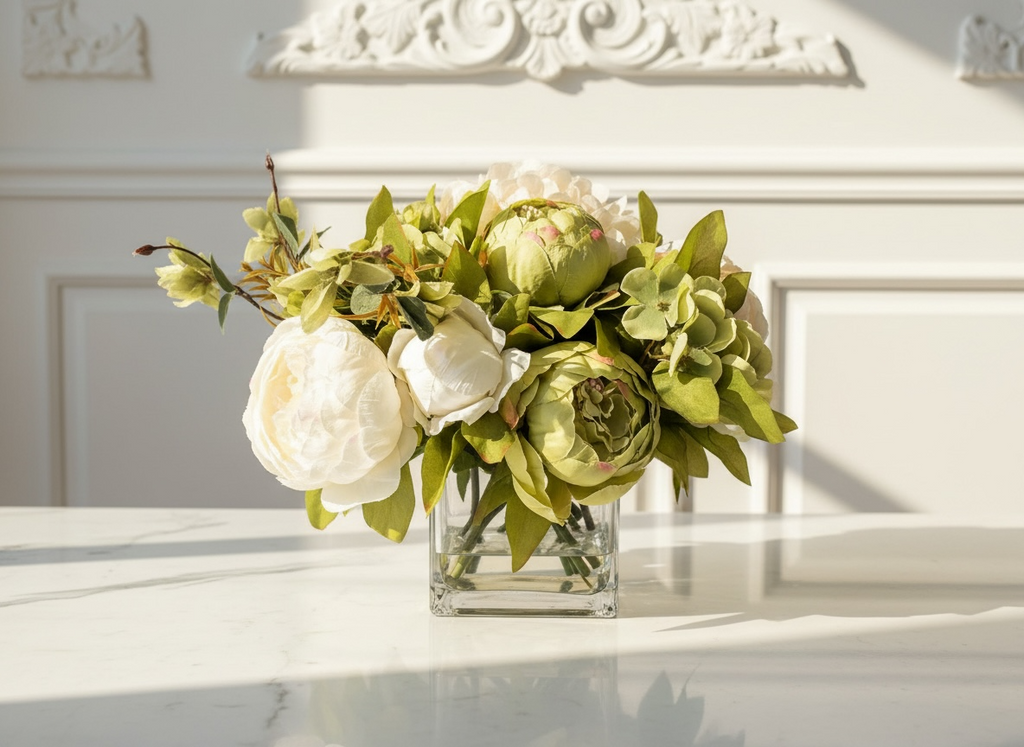 Green & White Peony Arrangement in Glass Vase