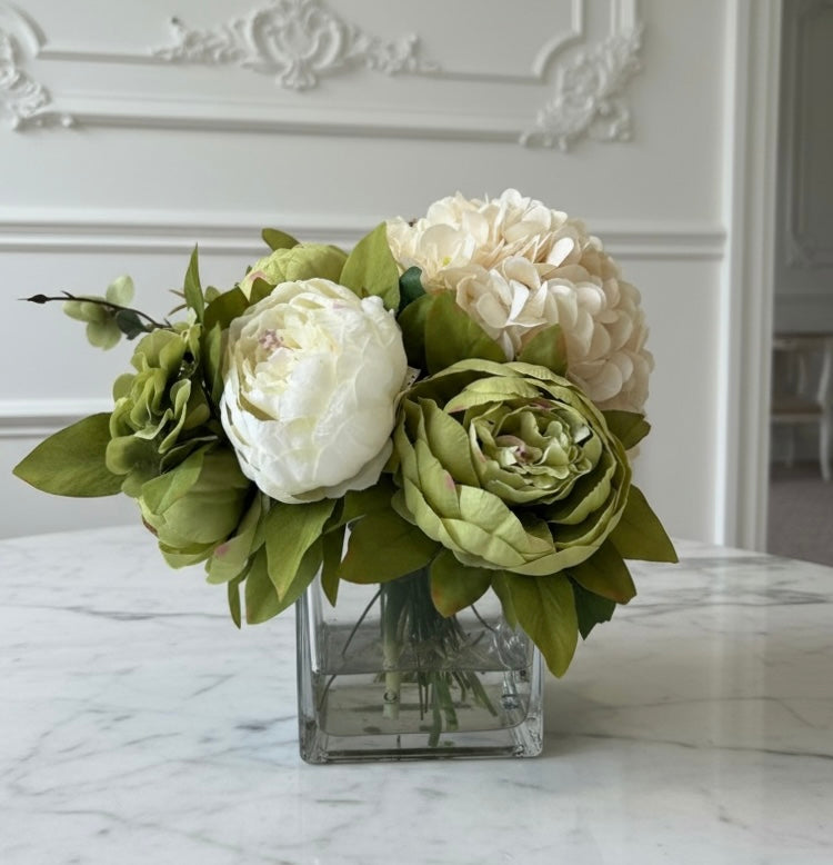 Green & White Peony Arrangement in Glass Vase